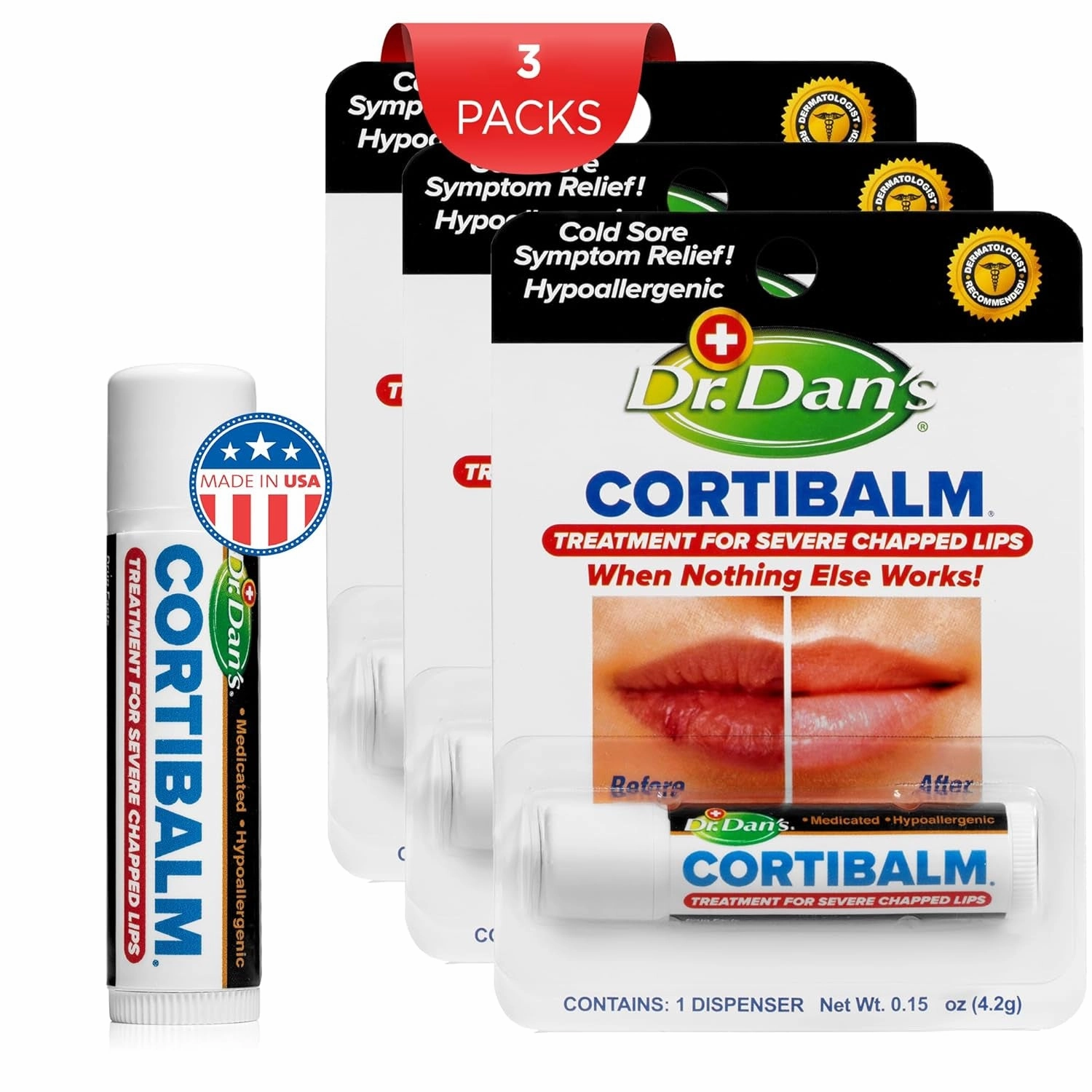 Cortibalm -3 Pack -For Dry Cracked Lips - Healing Lip Balm for Severely Chapped Lips- Designed for Men, Women and Children