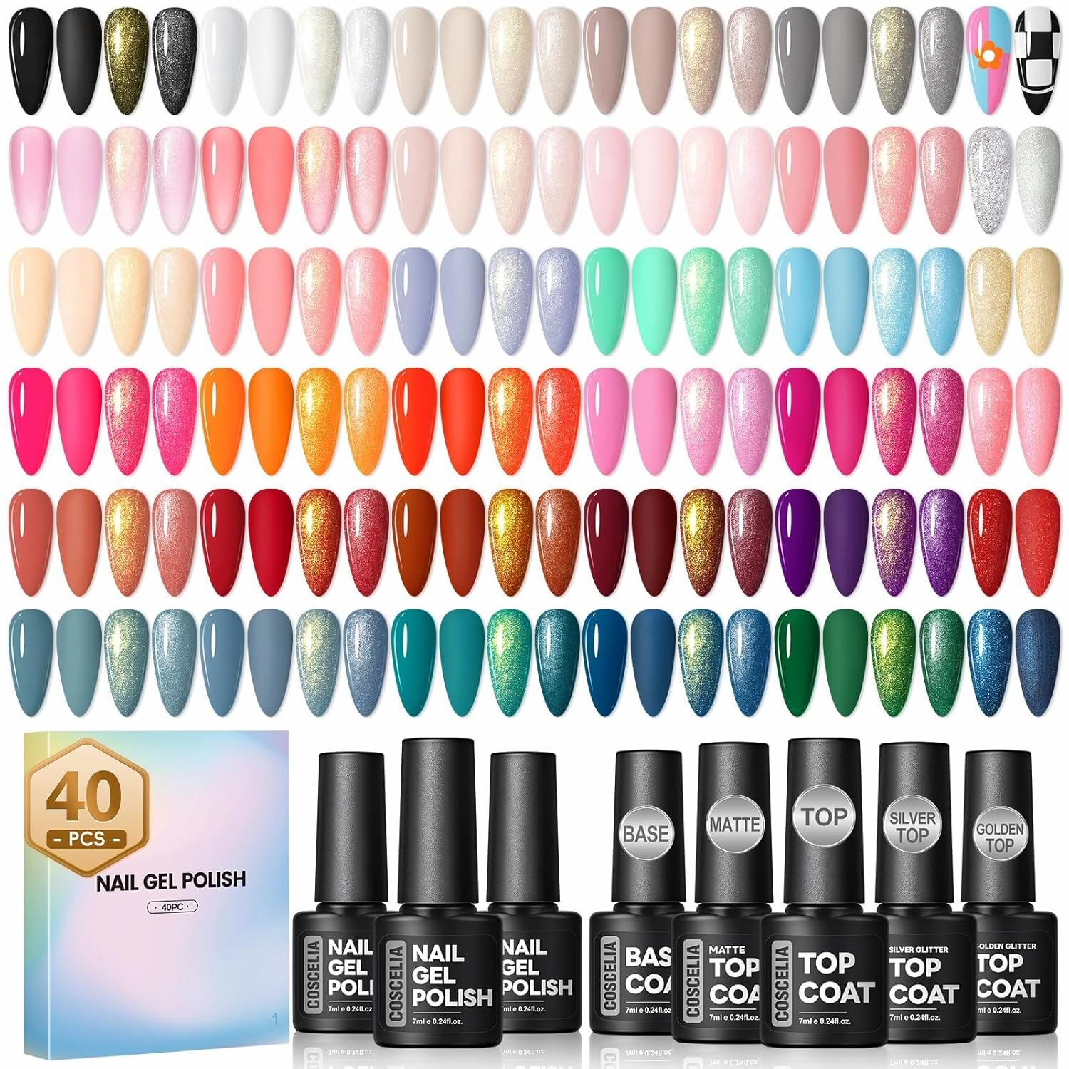 COSCELIA 40PCS Gel Nail Polish Set, 35 Colors Gel Polish with 5pcs Top and Base Coat Nude White Pink Red Green Blue Spring Colors All Seasons Nail Art Manicure Kit Gifts for Women Salon DIY at Home