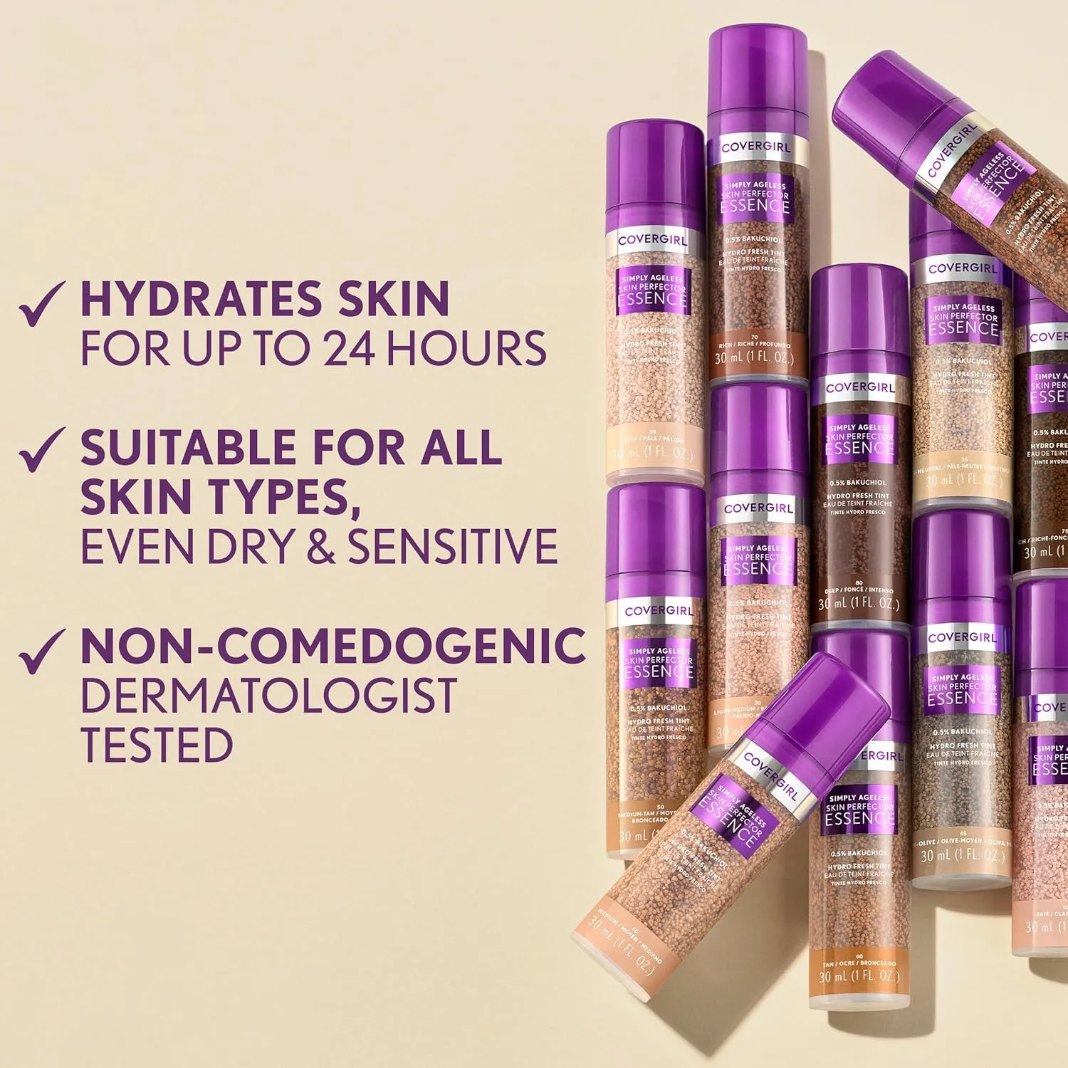 Covergirl Simply Ageless Skin Perfector Essence Foundation, 30 Light-Medium,Tinted Skincare Makeup Hybrid, Sheer Tint, Radiant Finish, Glowy Finish, Vegan Formula, 1.0oz