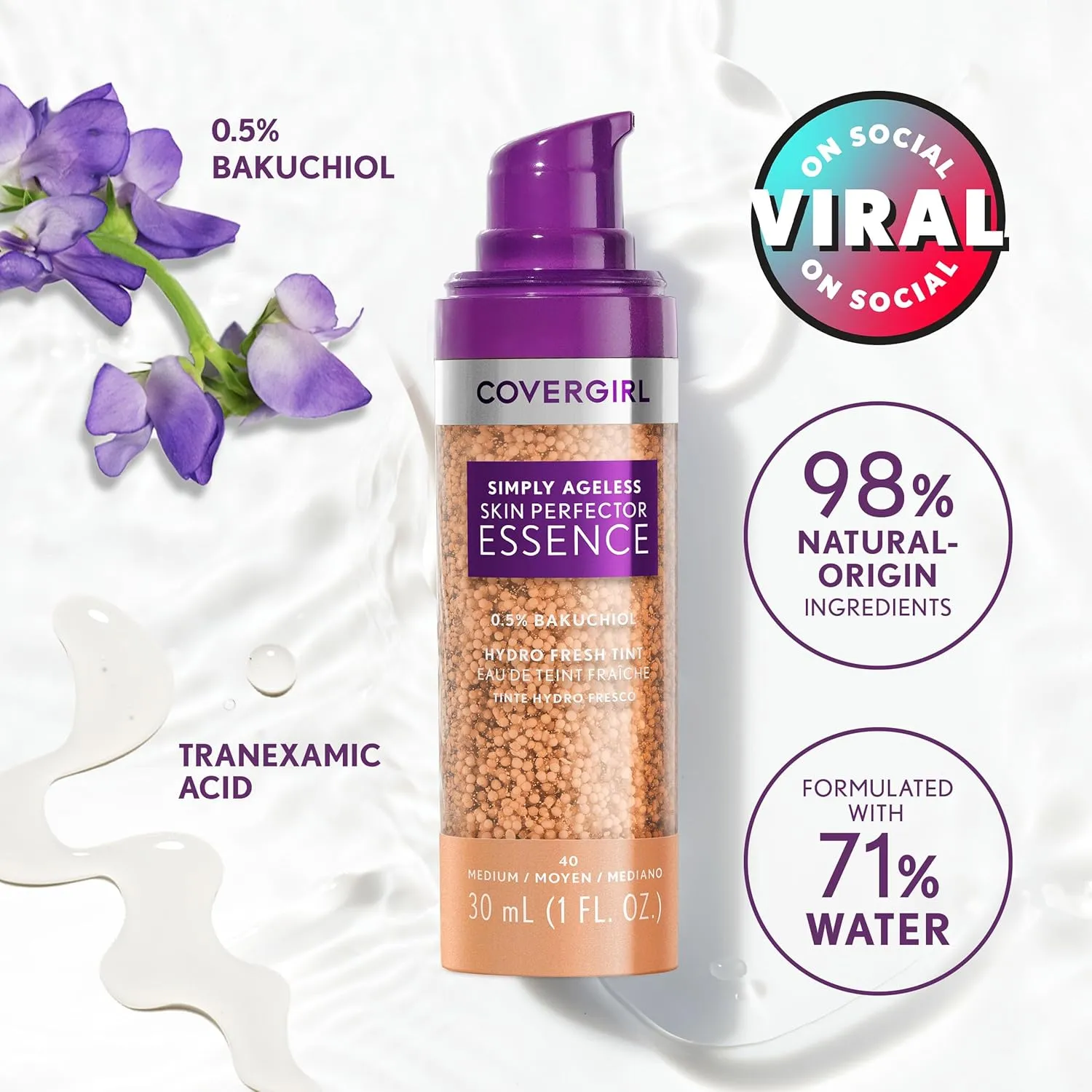 Covergirl Simply Ageless Skin Perfector Essence Foundation, 50 Medium-Tan, Tinted Skincare Makeup Hybrid, Sheer Tint, Radiant Finish, Glowy Finish, Vegan Formula, 1.0oz