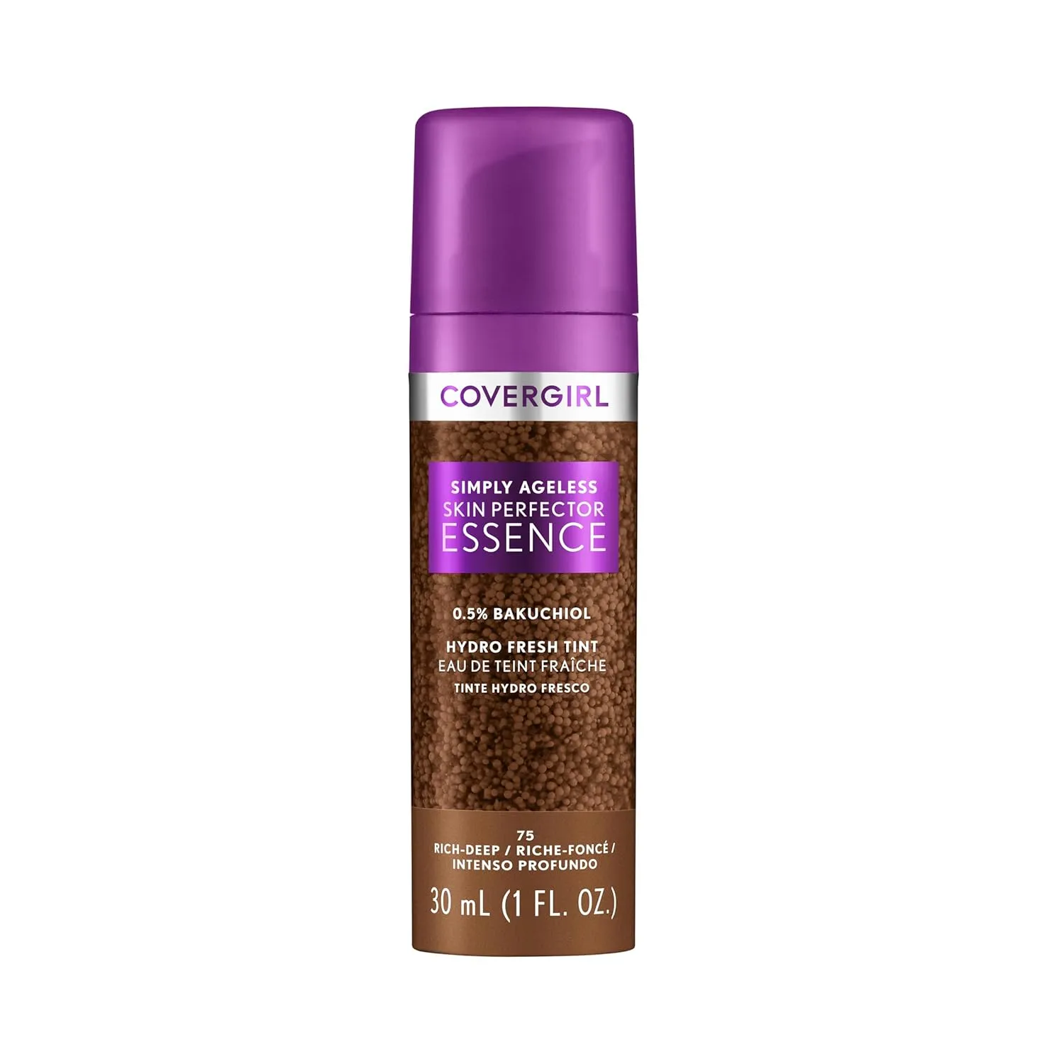 Covergirl Simply Ageless Skin Perfector Essence Foundation, 75 Rich-Deep, Tinted Skincare Makeup Hybrid, Sheer Tint, Radiant Finish, Glowy Finish, Vegan Formula, 1.0oz