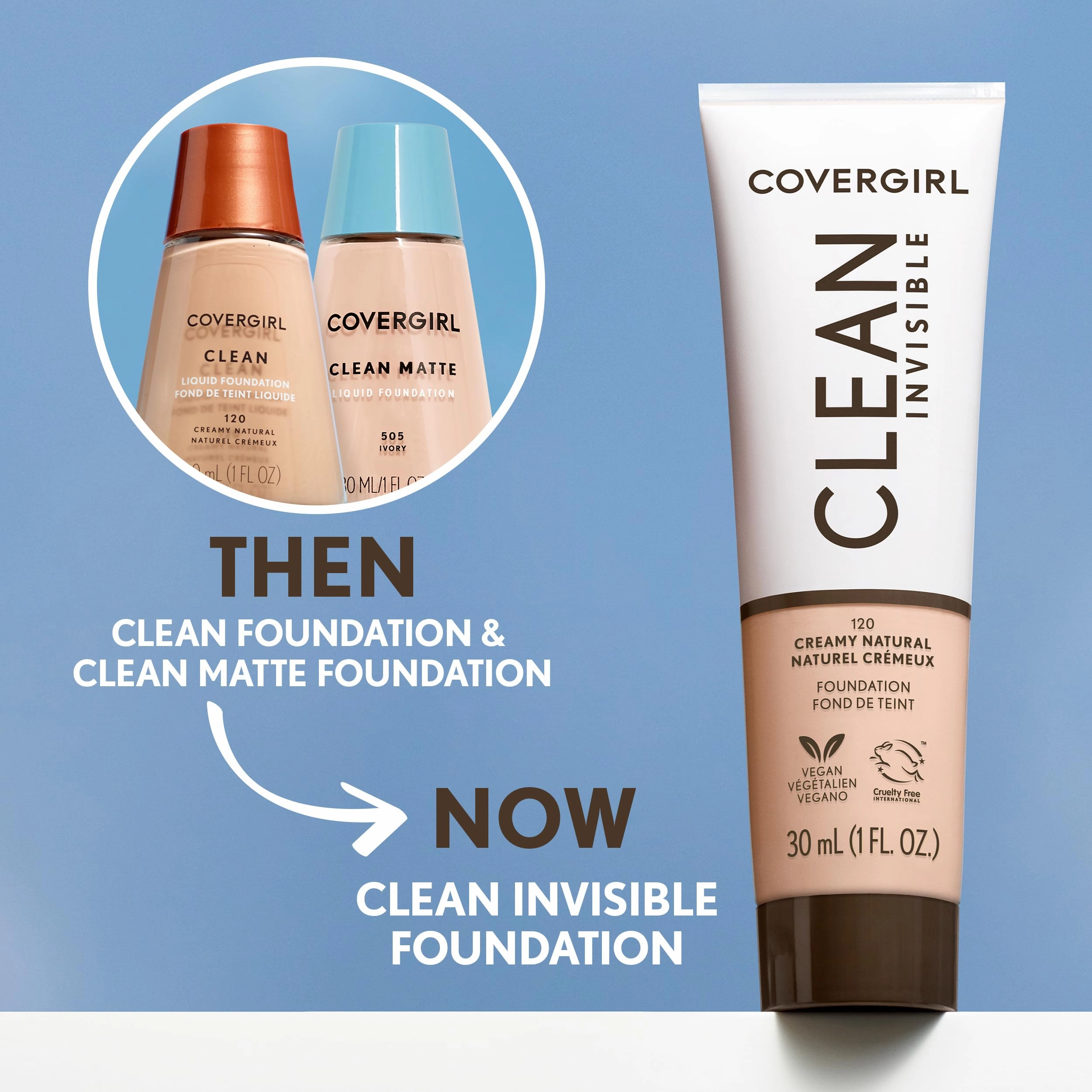 COVERGIRL Clean Invisible Foundation Makeup, Dewy & Glowy Natural Finish, Buildable Coverage, Skin-Like Smooth Look, Vegan, Classic Tan, 1oz