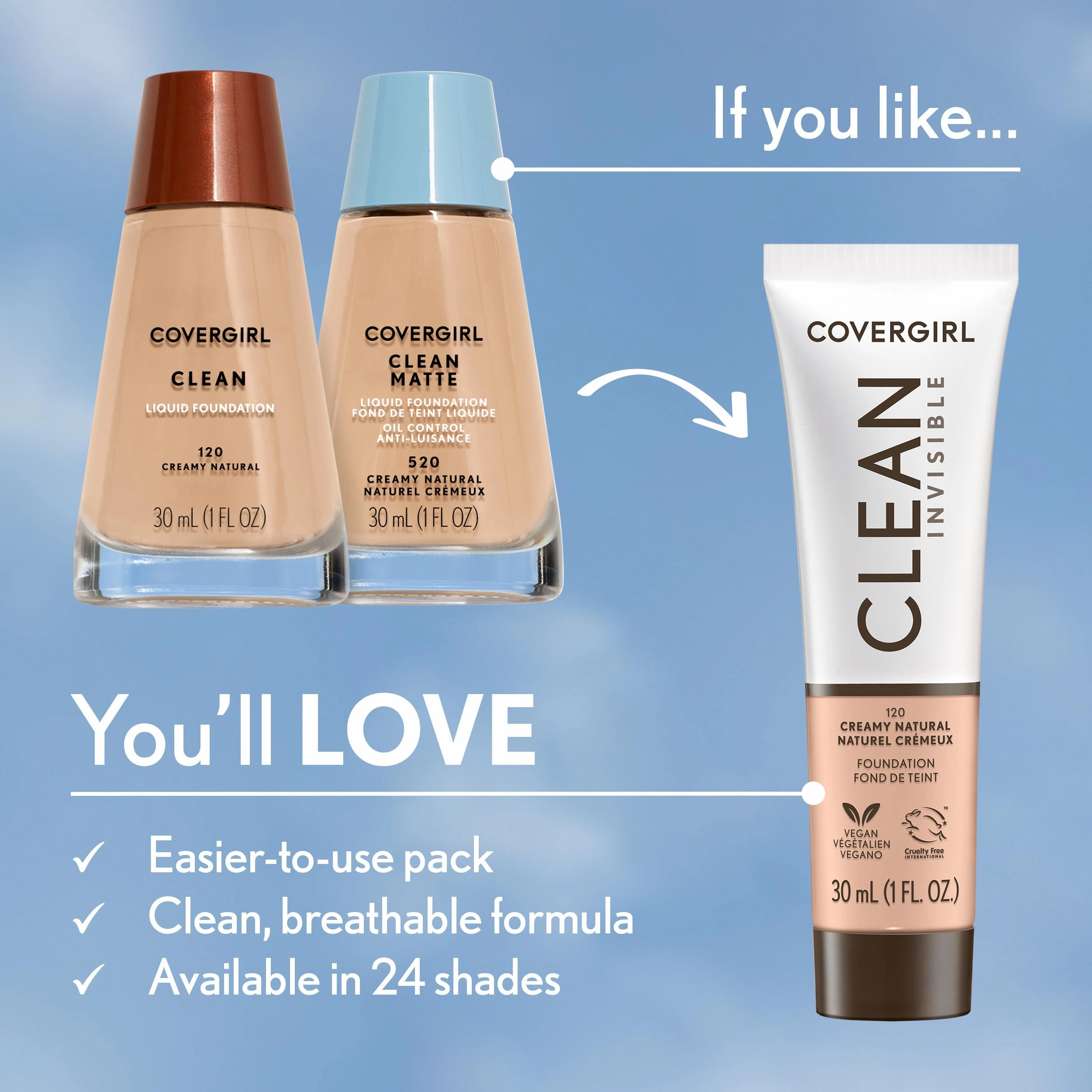 COVERGIRL Clean Invisible Foundation Makeup, Dewy & Glowy Natural Finish, Buildable Coverage, Skin-Like Smooth Look, Vegan, Classic Tan, 1oz