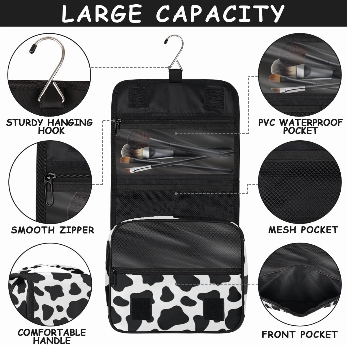 Cow Hanging Toiletry Bag Animal Cow Printed Travel Makeup Bag Portable Large Waterproof Cosmetic Bag Organizer for Make up Accessories Shampoo Body Cream Brushes Set