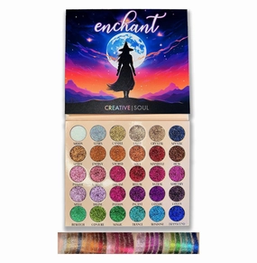 Creative Soul Cosmetics Enchant Glitter Eyeshadow Palette, 30 Glitter Shades, Long Lasting & Waterproof, Colorful Rainbow Sparkly Eyeshadow, Festival Makeup, Witchy Palette