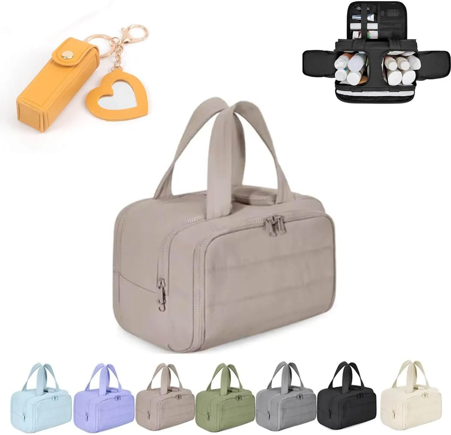 Curetoaway Large Capacity Wide-Open Travel Cosmetic Bag,Cureaway Travel Cosmetic Bag,4-in-1 Puffy Multi-functional Toiletry Bags,Curetoaway Toiletry Bags for Women with Divider and Handle (Khaki)