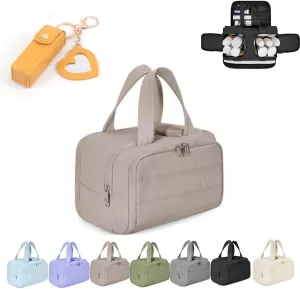 Curetoaway Large Capacity Wide-Open Travel Cosmetic Bag,Cureaway Travel Cosmetic Bag,4-in-1 Puffy Multi-functional Toiletry Bags,Curetoaway Toiletry Bags for Women with Divider and Handle (Khaki)