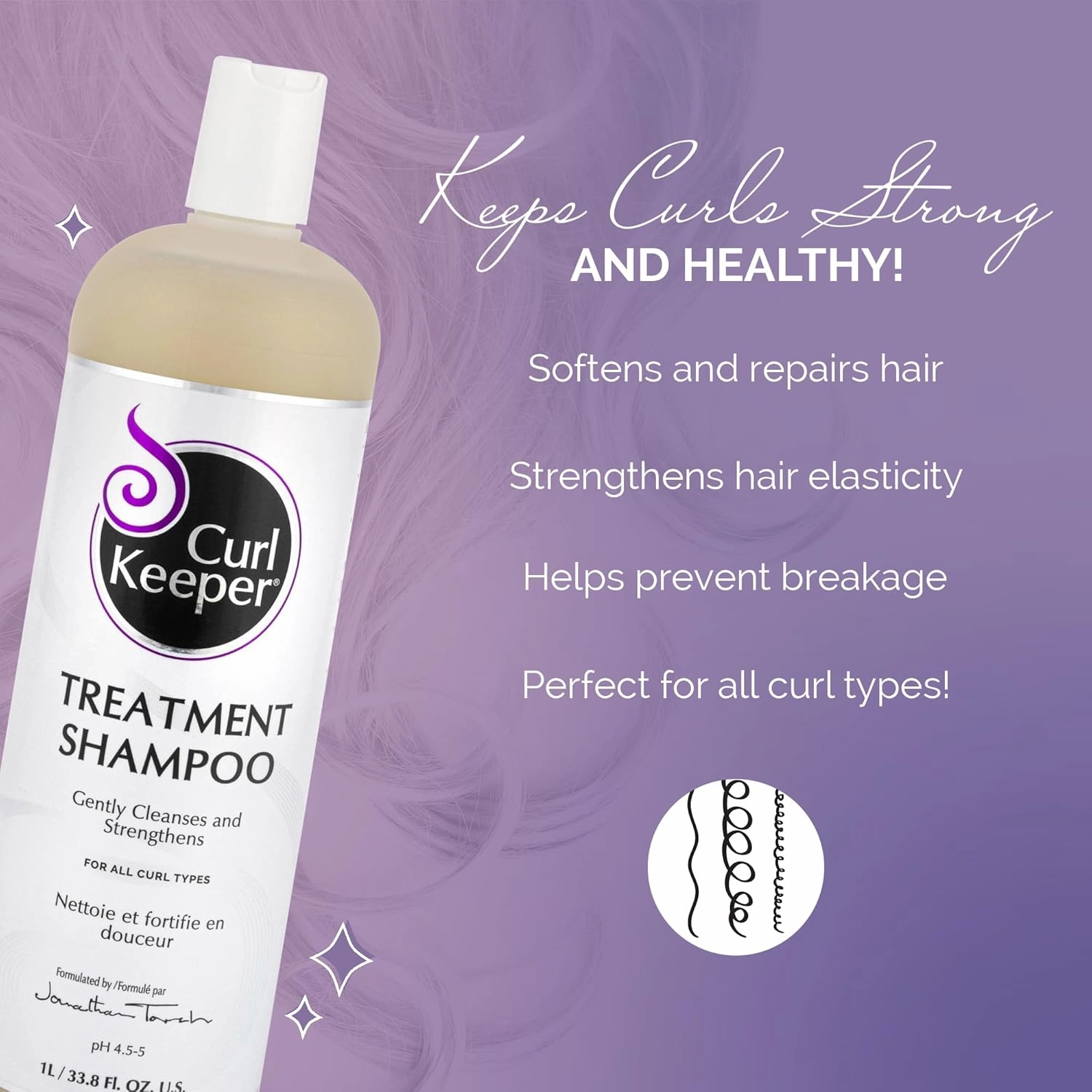 Curl Keeper Treatment Shampoo for Curly Hair, 33.8 Fl Oz - Daily Hair Shampoo Gently Cleanses & Strengthens All Curl Types - Rebuilds & Restores Damaged Hair - Water Based & Sulfate Free Shampoo