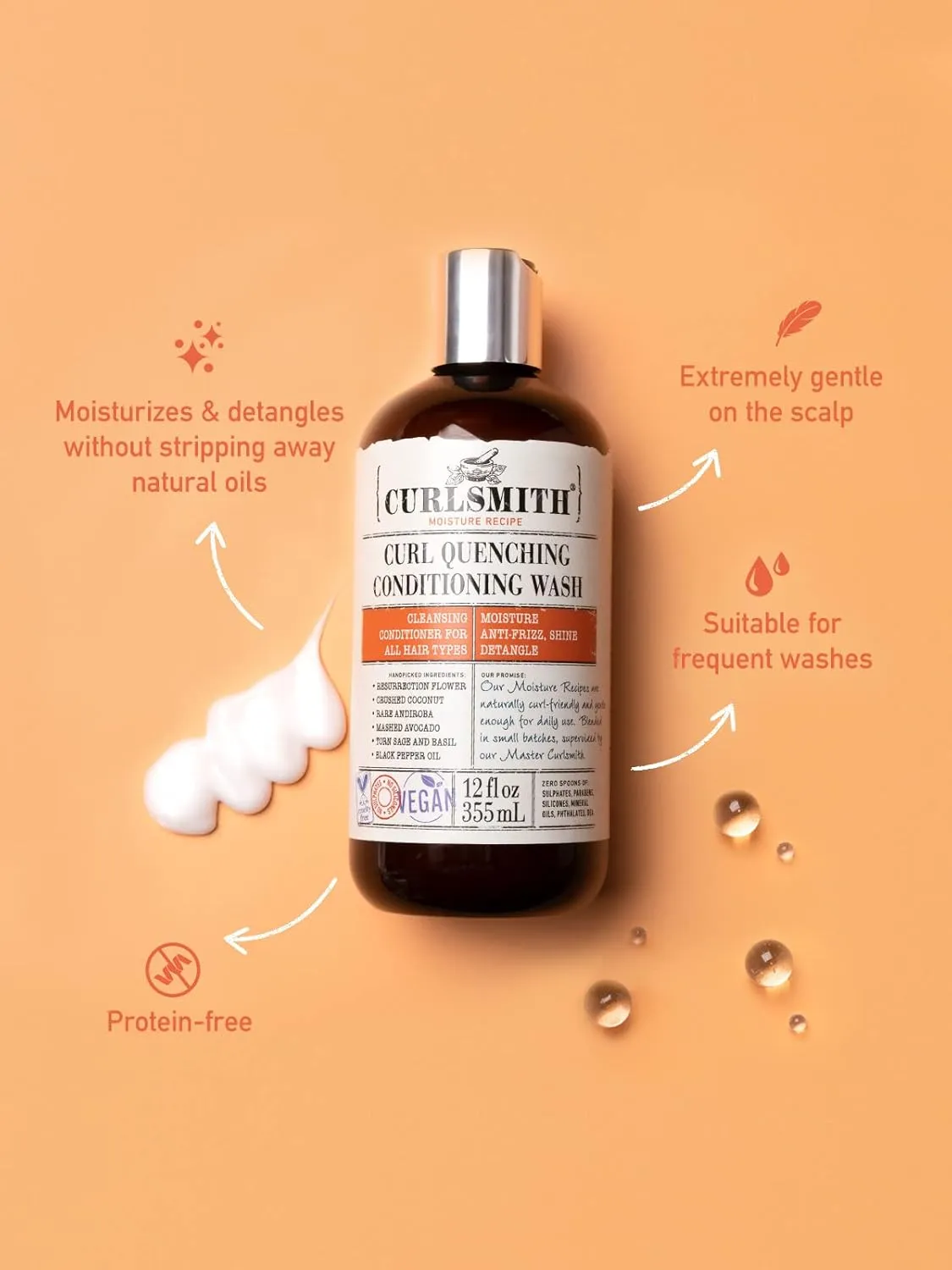 CURLSMITH - Curl Quenching Conditioning Wash - Vegan Cowash 2 in 1 Conditioner and Shampoo for Wavy, Curly and Coily Hair (32oz)