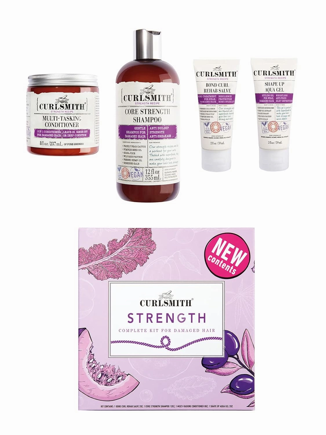 Curlsmith - Strength Complete Kit for Damaged Hair, with Core Strength Shampoo, Multi-Tasking Conditioner, Bond Curl & Shape Up Aqua Gel