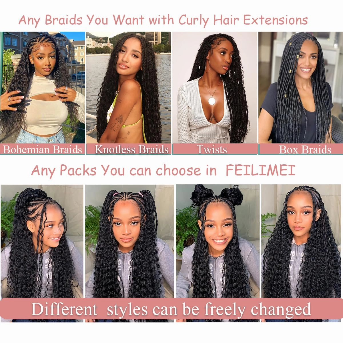Curly Braiding Hair 22Inch 6Packs Deep Curly Crochet Hair Synthetic Crochet Hair Extensions for Women #1B Natural Black Pre Stretched Braiding Hair for Boho Braids(22 Inch,6packs,#1B)