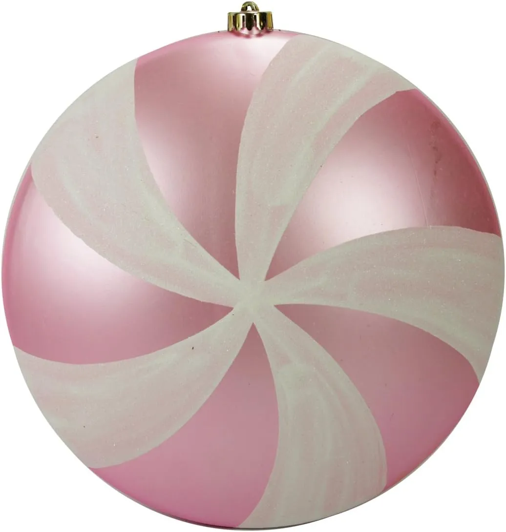 DAK 12" Pink and White Shatterproof Swirl Candy Christmas Ball Ornament