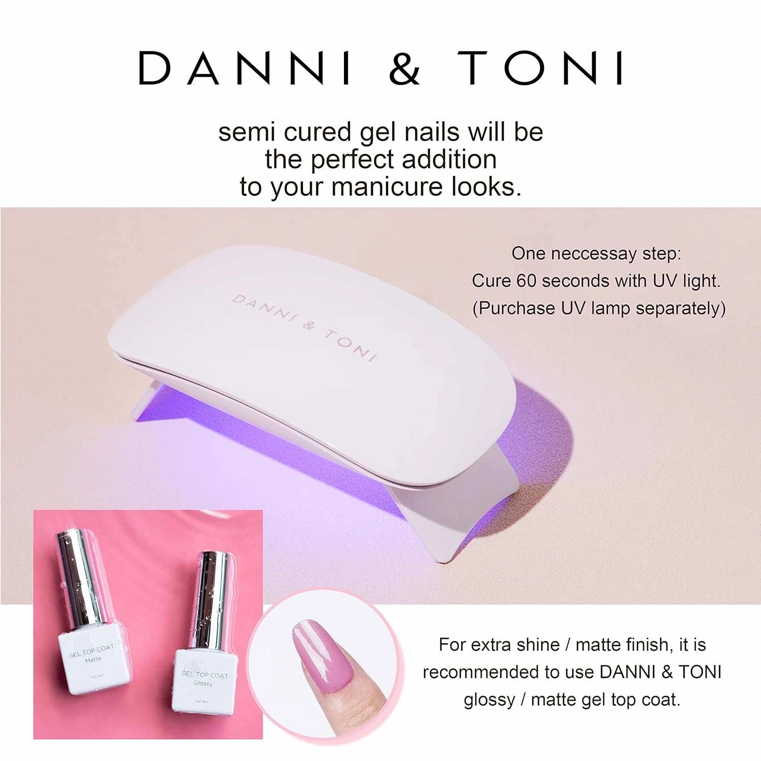 DANNI & TONI Semi Cured Gel Nail Strips (Pink Lemonade) Fuchsia Glossy Gel Nail Wraps 28 Stickers