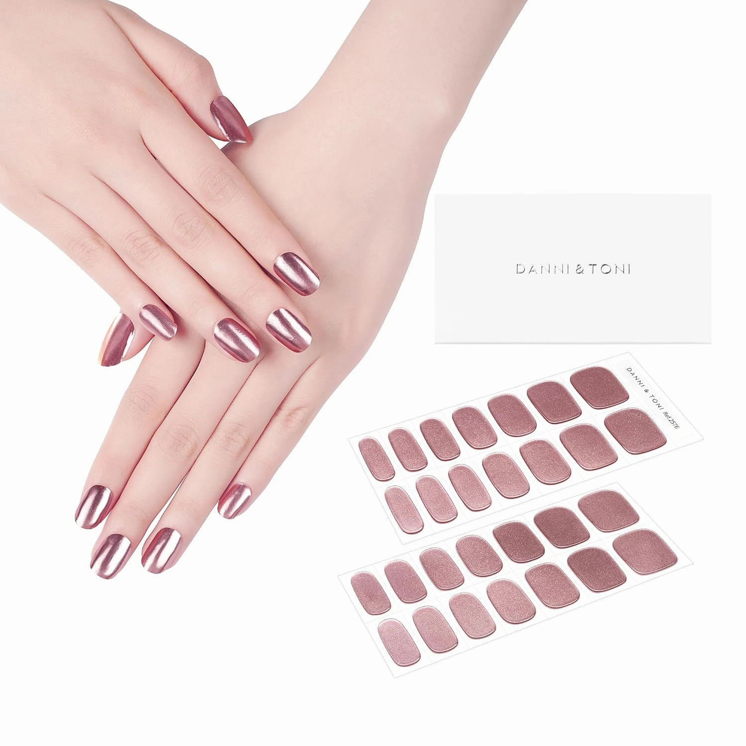 DANNI & TONI Semi Cured Gel Nail Strips Rose Gold (Mirror Blush) Mirror Metallic Glossy Nail Wraps 28 Stickers