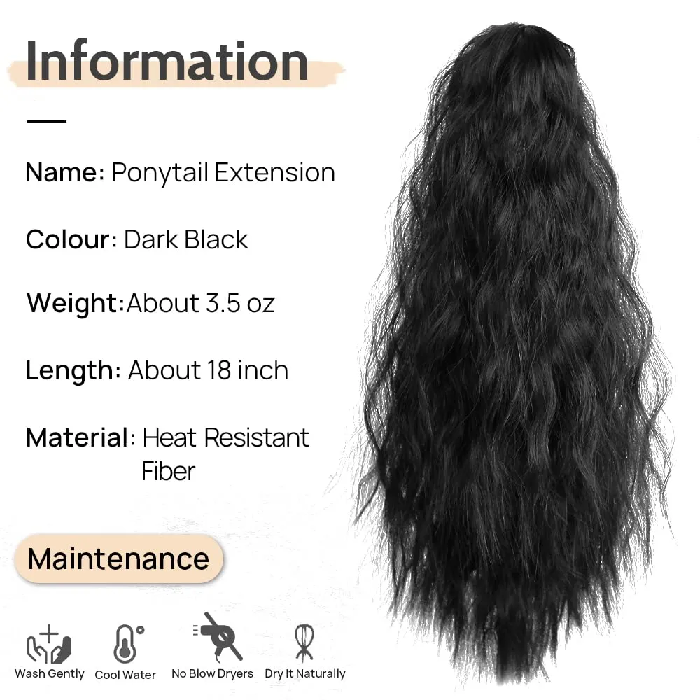 Dark Black Claw Ponytail Extension Wavy 18" Synthetic Curly Fake Clip in Extensions Wig Hair Pieces Fluffy Not Easily Knotted Clips on Ponytails for Women Wedding Party Daily Use 6 Oz