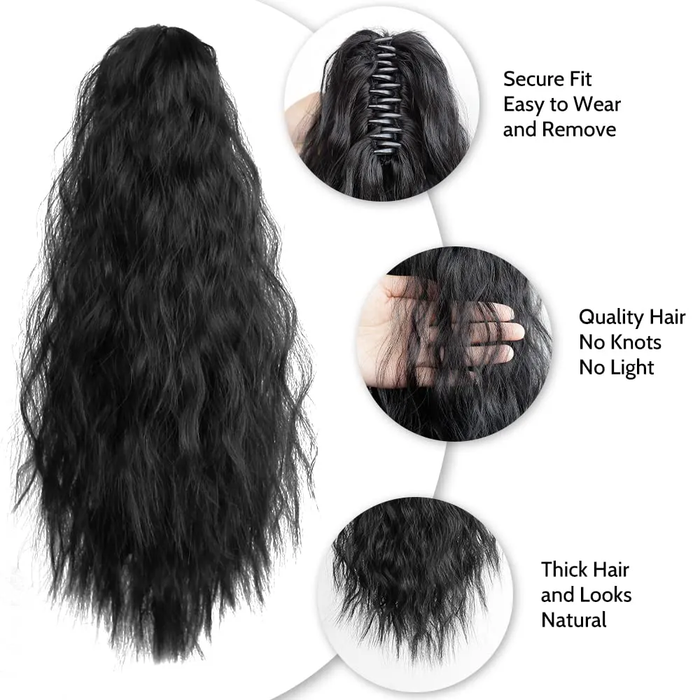 Dark Black Claw Ponytail Extension Wavy 18" Synthetic Curly Fake Clip in Extensions Wig Hair Pieces Fluffy Not Easily Knotted Clips on Ponytails for Women Wedding Party Daily Use 6 Oz