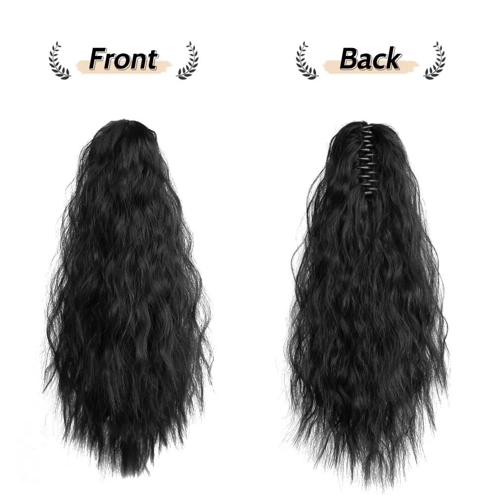 Dark Black Claw Ponytail Extension Wavy 18" Synthetic Curly Fake Clip in Extensions Wig Hair Pieces Fluffy Not Easily Knotted Clips on Ponytails for Women Wedding Party Daily Use 6 Oz