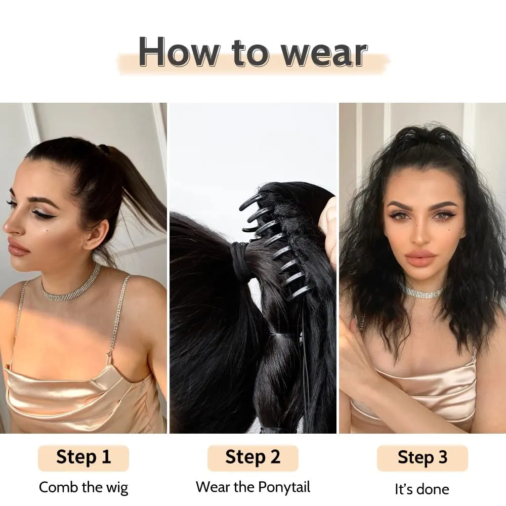 Dark Black Claw Ponytail Extension Wavy 18" Synthetic Curly Fake Clip in Extensions Wig Hair Pieces Fluffy Not Easily Knotted Clips on Ponytails for Women Wedding Party Daily Use 6 Oz