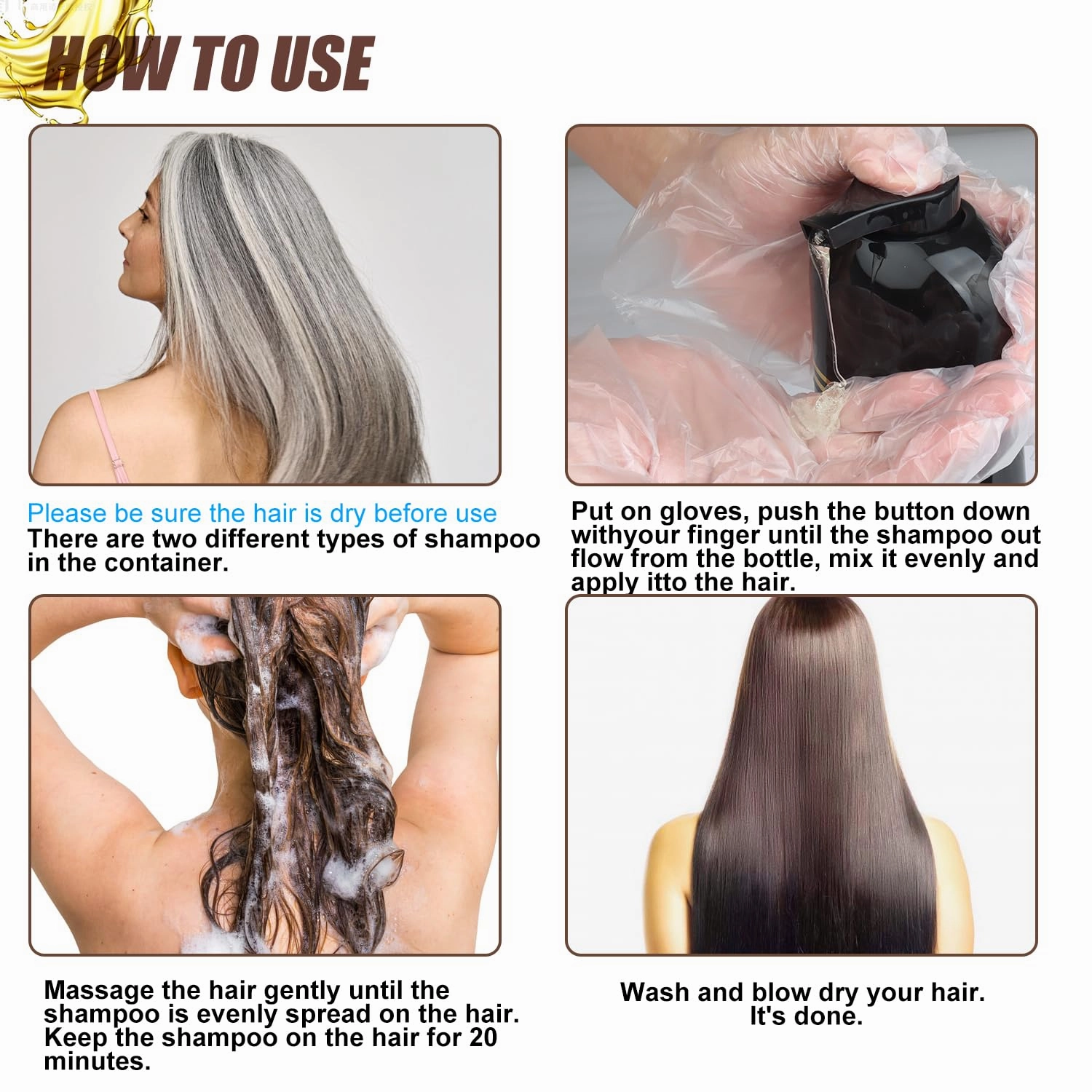 Dark Brown Hair Dye Shampoo 3 in 1 for Gray Hair, Herbal Dark Brown Dye for Women Men, Grey Coverage Shampoo 500ml