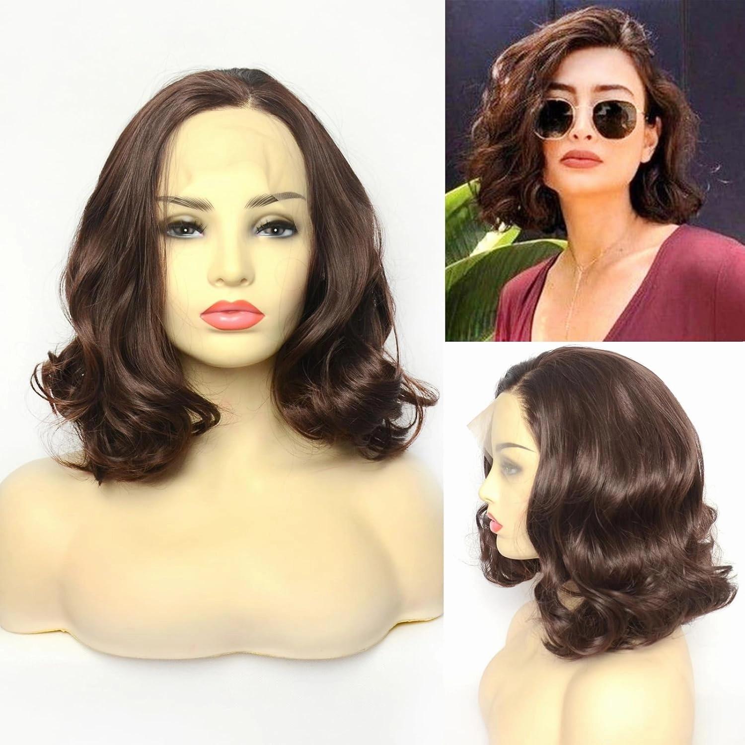 Dark Brown Lace Front Wig Short Bob Style 6# Pre Plucked Chocolate Brown Loose Wave Curly Synthetic Hair Side Part Half Hand Tied Replacement Full Wigs 12 Inches for Women Girls