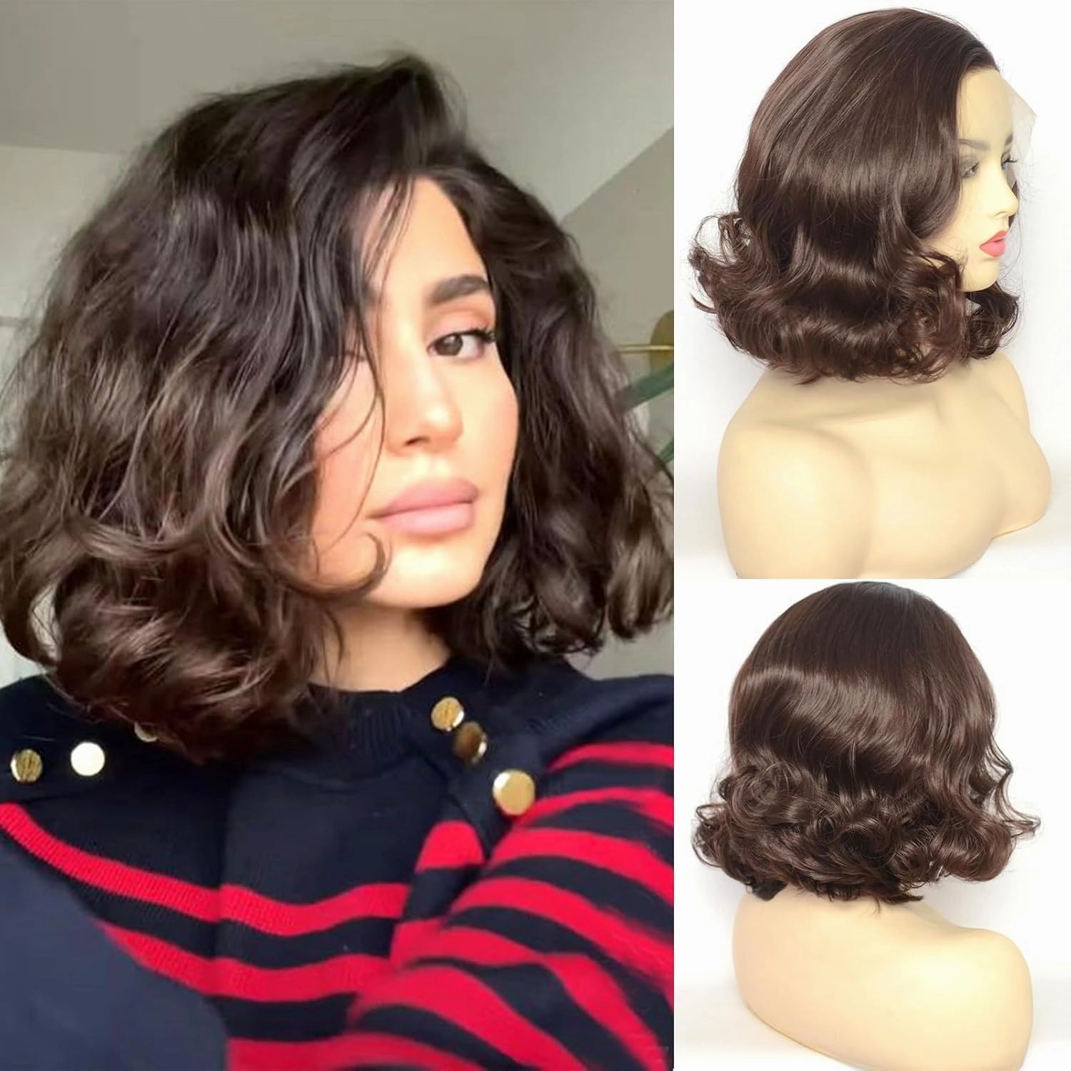 Dark Brown Lace Front Wig Short Bob Style 6# Pre Plucked Chocolate Brown Loose Wave Curly Synthetic Hair Side Part Half Hand Tied Replacement Full Wigs 12 Inches for Women Girls