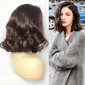 Dark Brown Lace Front Wig Short Bob Style 6# Pre Plucked Chocolate Brown Loose Wave Curly Synthetic Hair Side Part Half Hand Tied Replacement Full Wigs 12 Inches for Women Girls