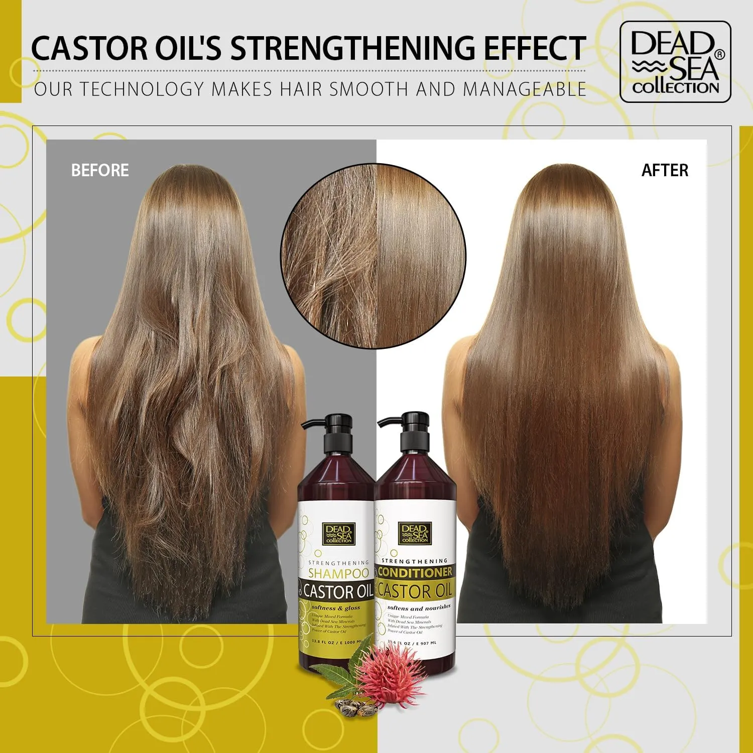 Dead Sea Collection Shampoo and Conditioner Set for Strengthening and Volume - Pure Dead Sea Minerals and Castor Oil – Professional Hair Care - Repair and Shine - Pack of 2 (33.8 & 30.6 Fl. Oz)