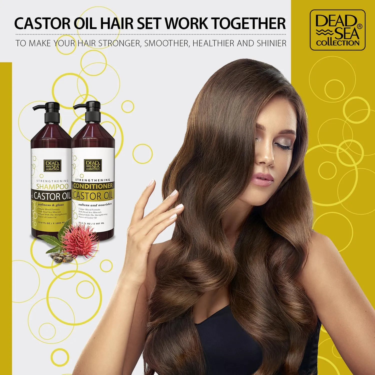 Dead Sea Collection Shampoo and Conditioner Set for Strengthening and Volume - Pure Dead Sea Minerals and Castor Oil – Professional Hair Care - Repair and Shine - Pack of 2 (33.8 & 30.6 Fl. Oz)