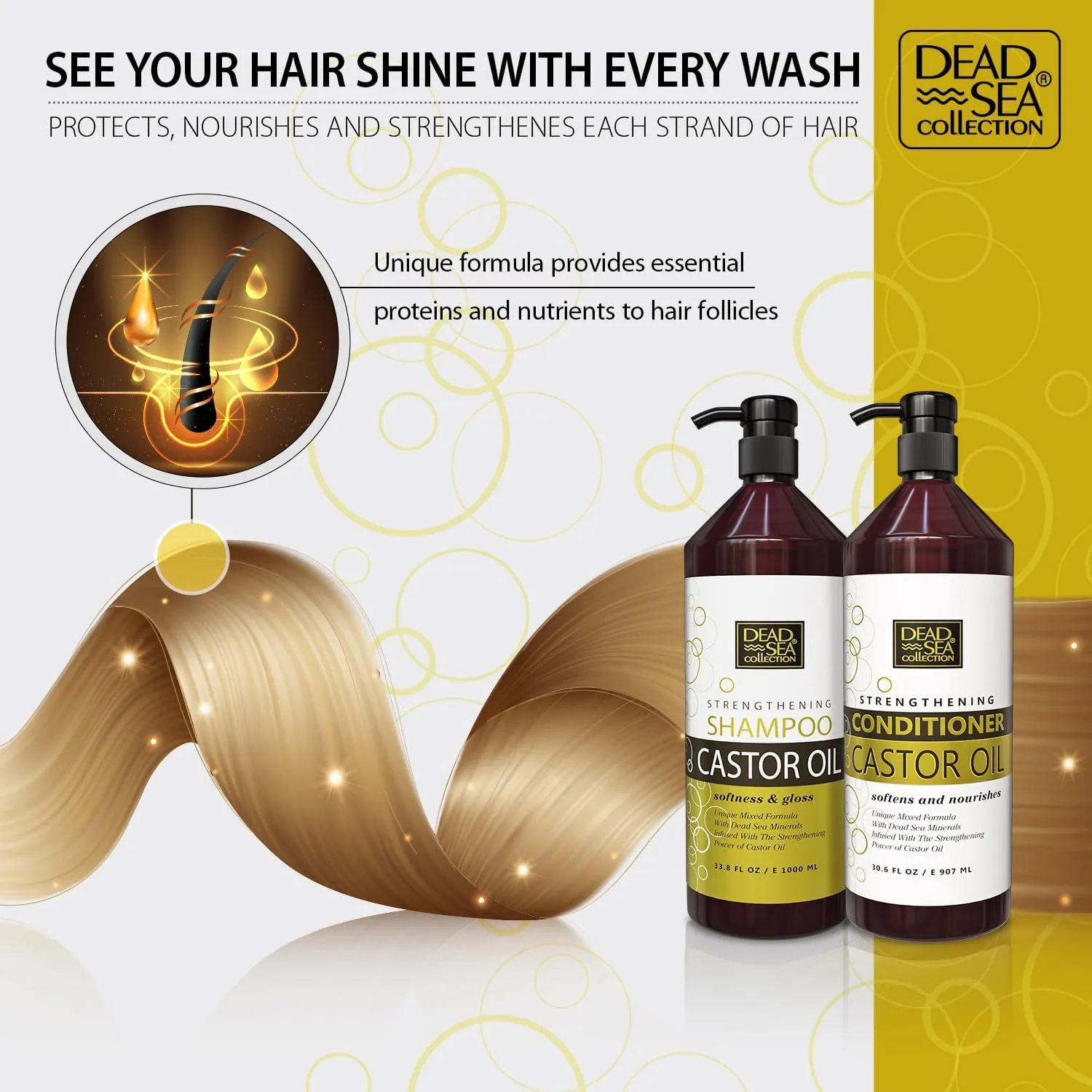 Dead Sea Collection Shampoo and Conditioner Set for Strengthening and Volume - Pure Dead Sea Minerals and Castor Oil – Professional Hair Care - Repair and Shine - Pack of 2 (33.8 & 30.6 Fl. Oz)