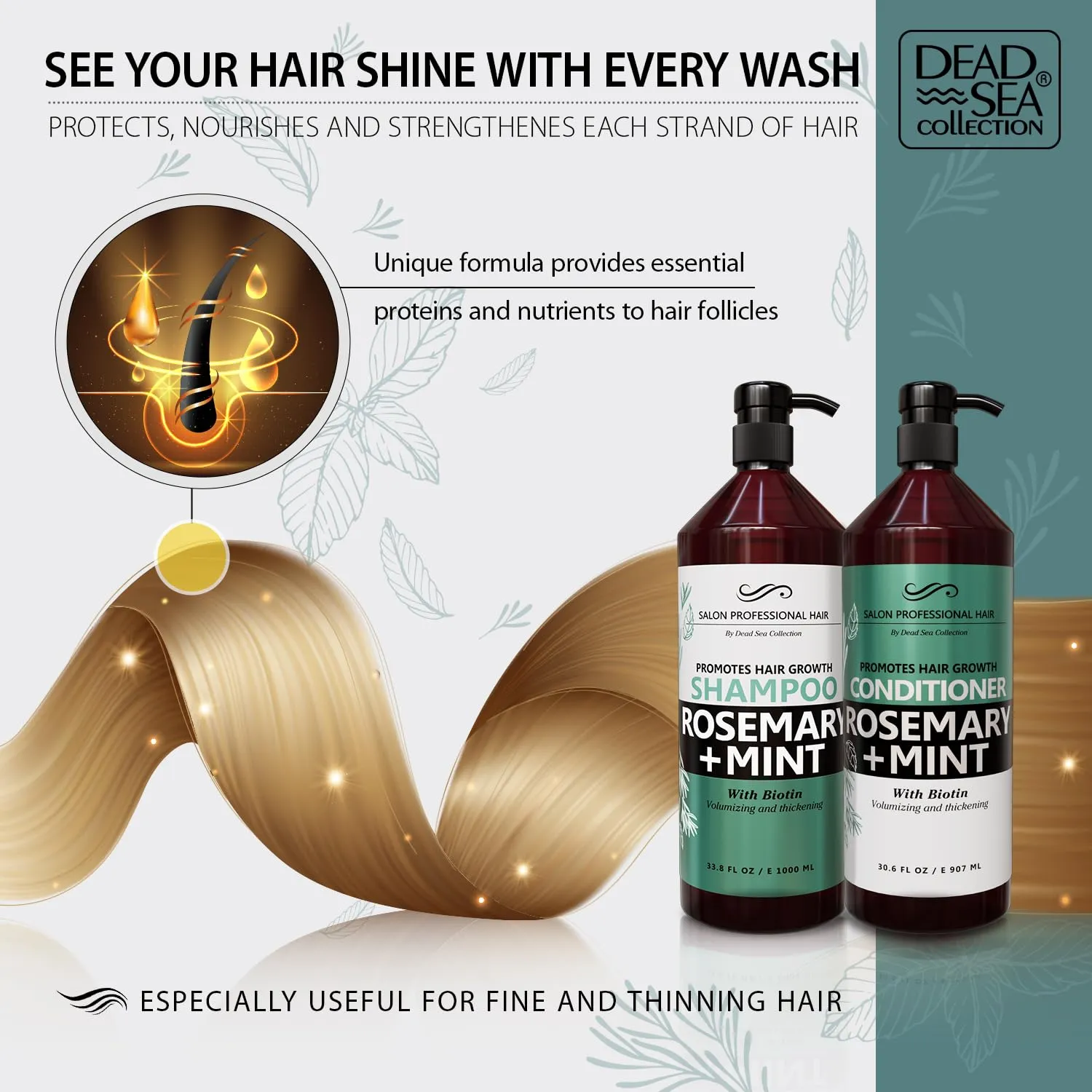 Dead Sea Collection Shampoo and Conditioner Set for Strengthening and Volume - Pure Dead Sea Minerals, Rosemary and Mint – Hair Care - Nutrition, Repair and Shine - Pack of 2 (33.8 & 30.6 Fl. Oz)
