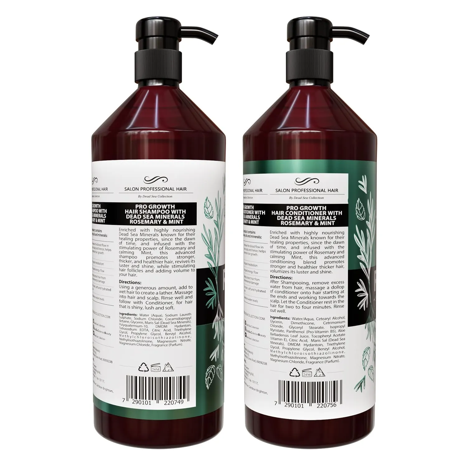Dead Sea Collection Shampoo and Conditioner Set for Strengthening and Volume - Pure Dead Sea Minerals, Rosemary and Mint – Hair Care - Nutrition, Repair and Shine - Pack of 2 (33.8 & 30.6 Fl. Oz)