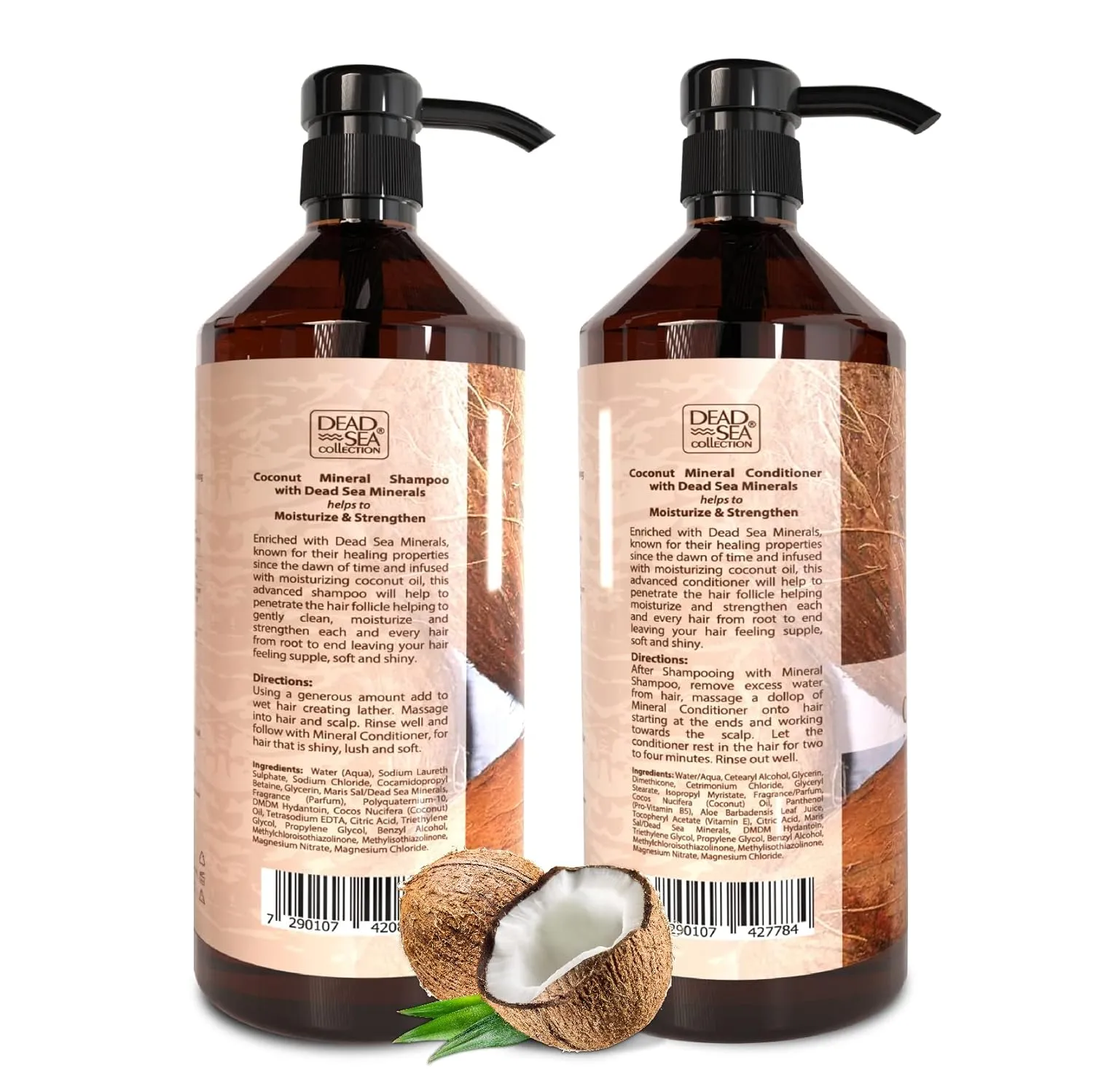 Dead Sea Collection Shampoo and Conditioner Set with Coconut Oil – Hydrating Softening Hair Products with Dead Sea Minerals for All Hair Types – Set of 2 Bottles (33.8 & 30.6 Fl. Oz.)