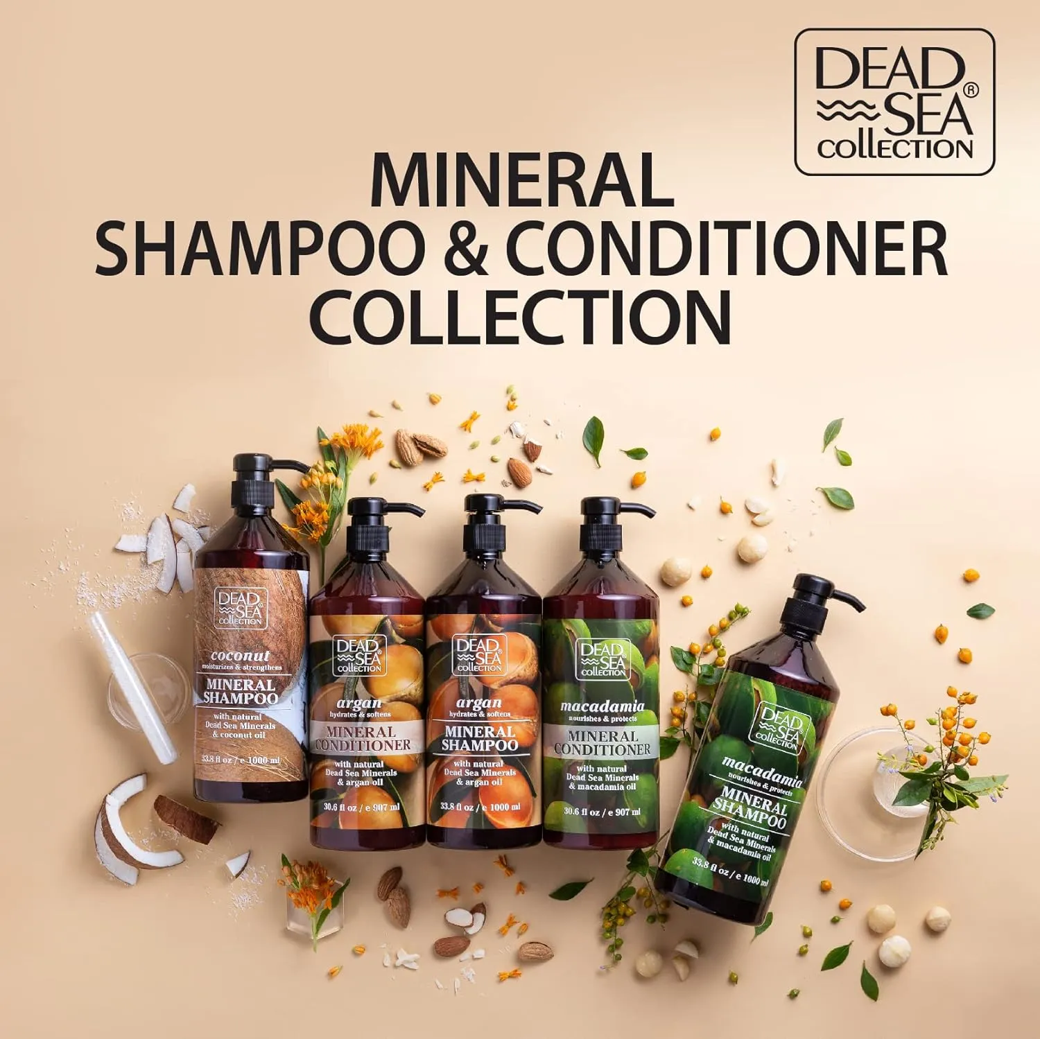 Dead Sea Collection Shampoo and Conditioner Set with Macadamia Oil – Hydrating Softening Hair Products with Dead Sea Minerals for All Hair Types – Set of 2 Bottles (33.8 & 30.6 Fl. Oz.)