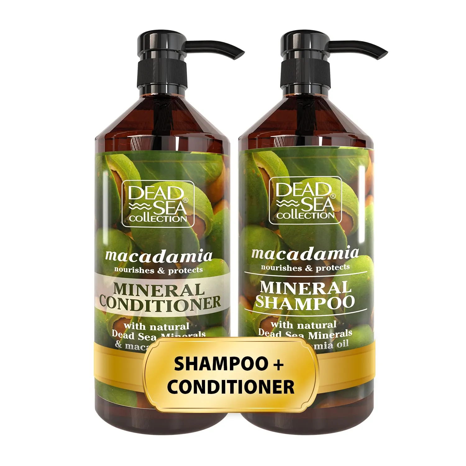 Dead Sea Collection Shampoo and Conditioner Set with Macadamia Oil – Hydrating Softening Hair Products with Dead Sea Minerals for All Hair Types – Set of 2 Bottles (33.8 & 30.6 Fl. Oz.)