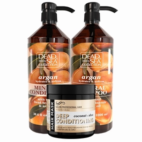 Dead Sea Collection Hair Care Bundle – Argan Oil Shampoo & Conditioner Set   Coconut & Shea Hair Mask – Hydrating and Strengthening Treatment – For All Hair Types (33.8, 30.6 & 16.9 Fl. Oz.)