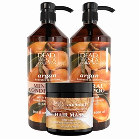 Dead Sea Collection Hair Care Bundle – Argan Oil Shampoo & Conditioner Set   Coconut Hair Mask – Hydrating and Strengthening Treatment – For All Hair Types (33.8, 30.6 & 16.9 Fl. Oz.)