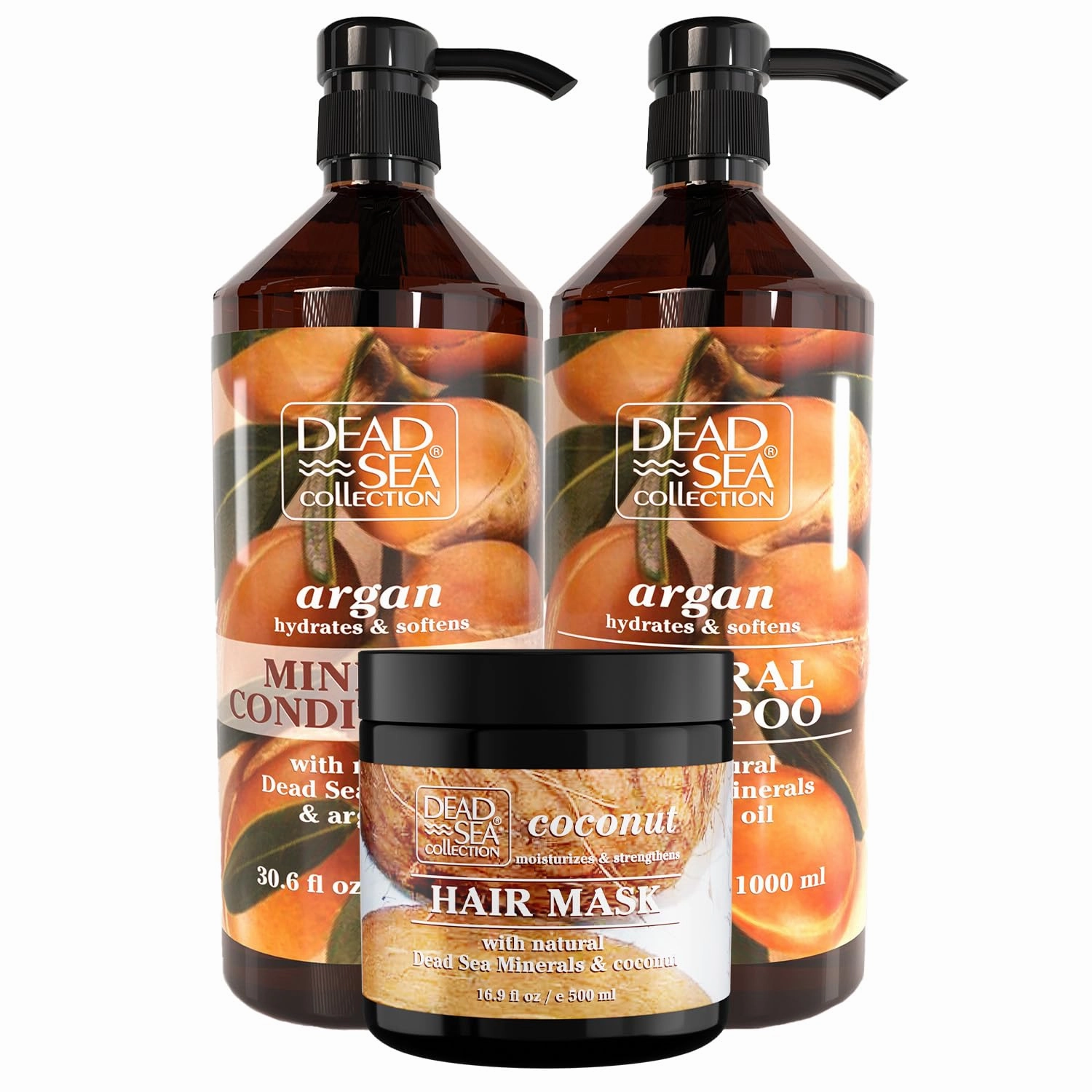 Dead Sea Collection Hair Care Bundle – Argan Oil Shampoo & Conditioner Set   Coconut Hair Mask – Hydrating and Strengthening Treatment – For All Hair Types (33.8, 30.6 & 16.9 Fl. Oz.)