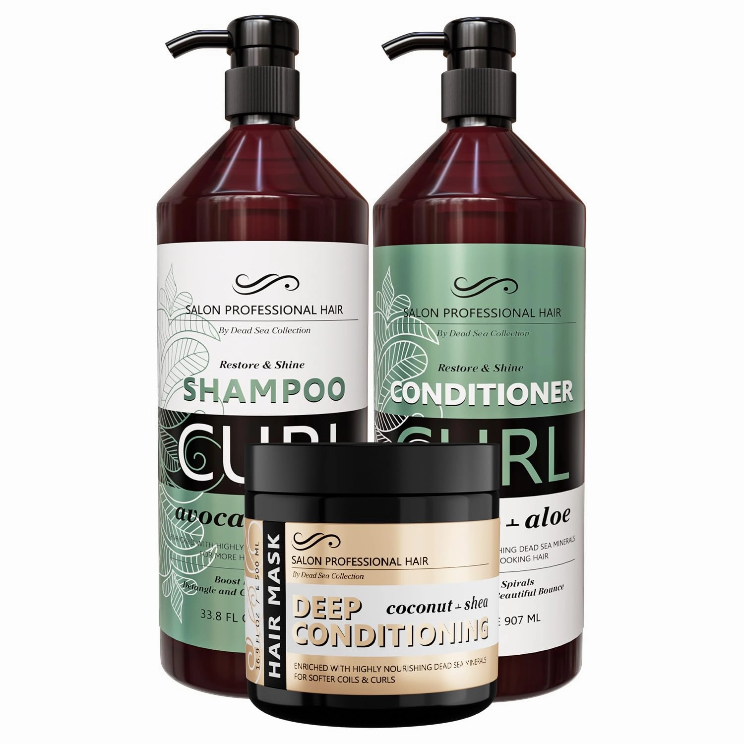 Dead Sea Collection Hair Care Bundle – Avocado & Aloe Shampoo & Conditioner Set   Coconut & Shea Hair Mask – Hydrating and Strengthening Treatment – For All Hair Types (33.8, 30.6 & 16.9 Fl. Oz.)