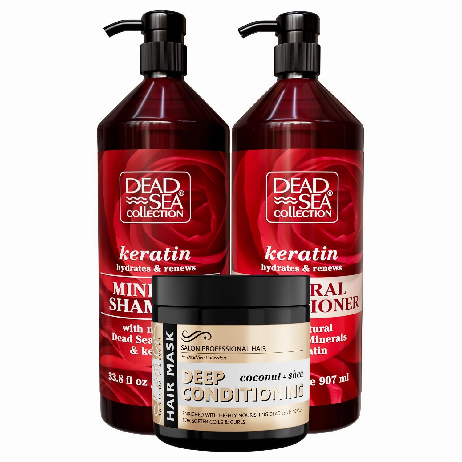 Dead Sea Collection Hair Care Bundle – Keratin Shampoo & Conditioner Set   Coconut & Shea Hair Mask – Hydrating and Strengthening Treatment – For All Hair Types (33.8, 30.6 & 16.9 Fl. Oz.)