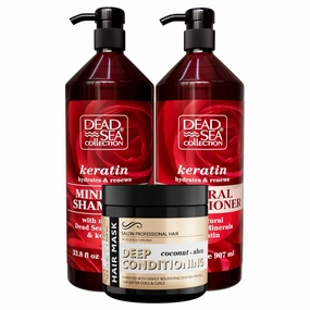 Dead Sea Collection Hair Care Bundle – Keratin Shampoo & Conditioner Set   Coconut & Shea Hair Mask – Hydrating and Strengthening Treatment – For All Hair Types (33.8, 30.6 & 16.9 Fl. Oz.)
