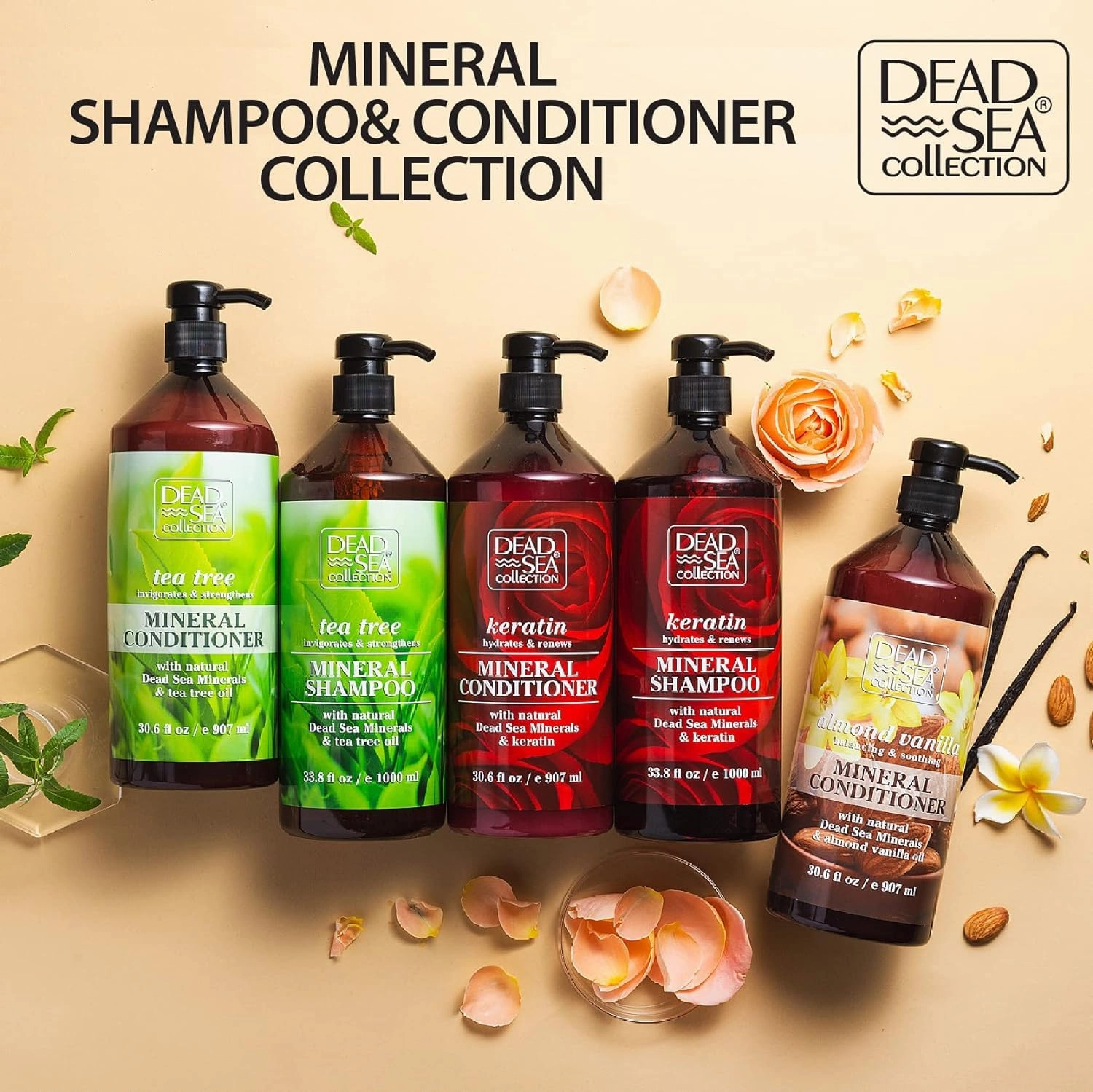 Dead Sea Collection Shampoo and Conditioner Set with Keratin – Hydrating Softening Hair Products with Dead Sea Minerals for All Hair Types – Set of 2 Bottles (33.8 & 30.6 Fl. Oz.)