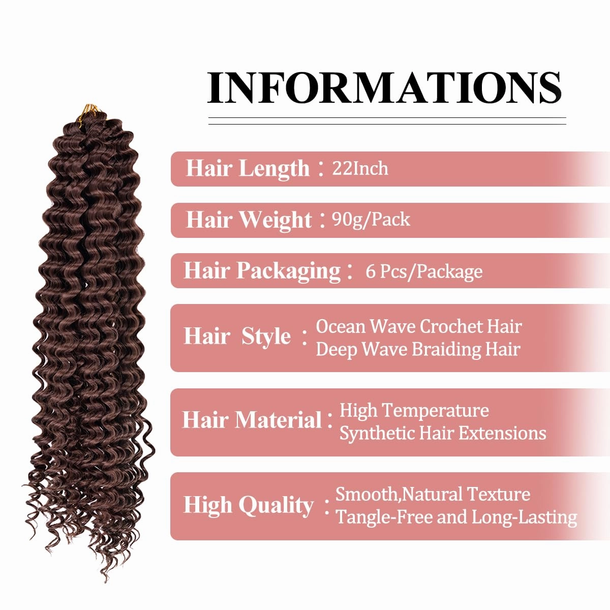 Deep Curly Crochet Hair Extensions 22Inch 6Packs Cherry Chocolate Brown Crochet Hair Extensions for Boho Braids Synthetic Twist Ripple Prestretched Braiding Hair for Women 90g/pack(#33)