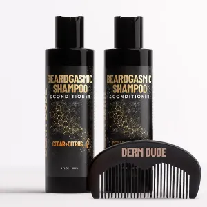 Derm Dude BeardGasmic 2-in-1 Beard Shampoo & Conditioner for Men | Formulated with Aloe Vera & Vitamin E to Clean, Hydrate & Nourish For Thicker Fuller-Looking Beard | Sulfate-Free, Cedar & Citrus 4oz
