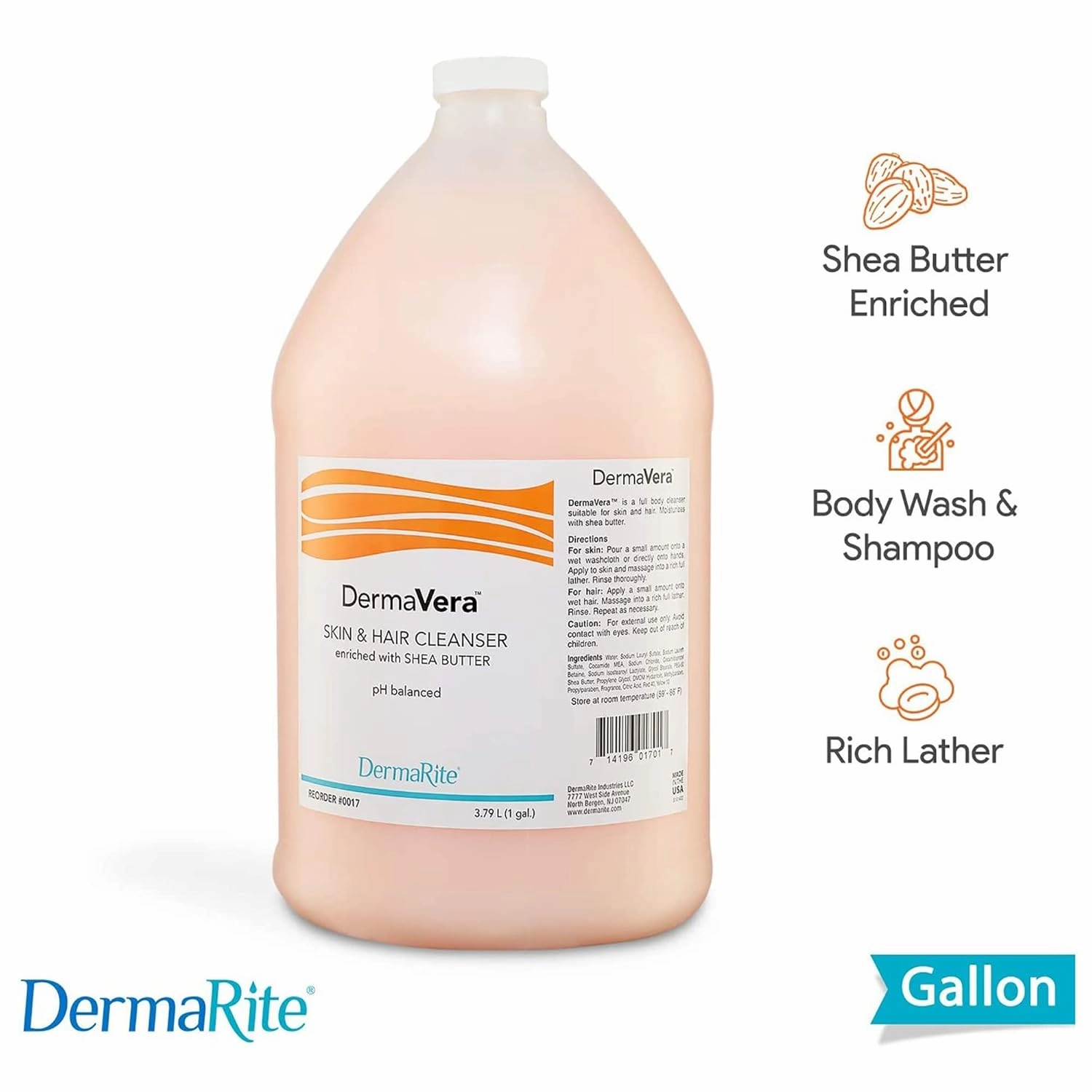 DermaVera Skin and Hair Cleanser - 1 Gallon - Enriched with Shea Butter, pH Balanced, Rich Leather, Pleasant Fragrance, with Rich Moisturizers