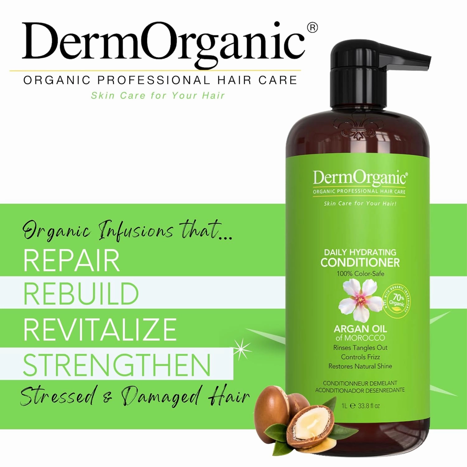 DermOrganic Argan Oil Daily Hydrating Conditioner – Sulfate-Free & Color Safe, 33.8 oz