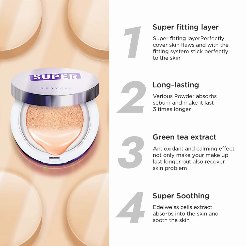 DEWYCEL SUPER COVER CUSHION FOUNDATION | Buildable Coverage | Long-lasting Dewy Finish | #23 Natural Beige SPF50  PA    | Korean Cushion Foundation with Hydration