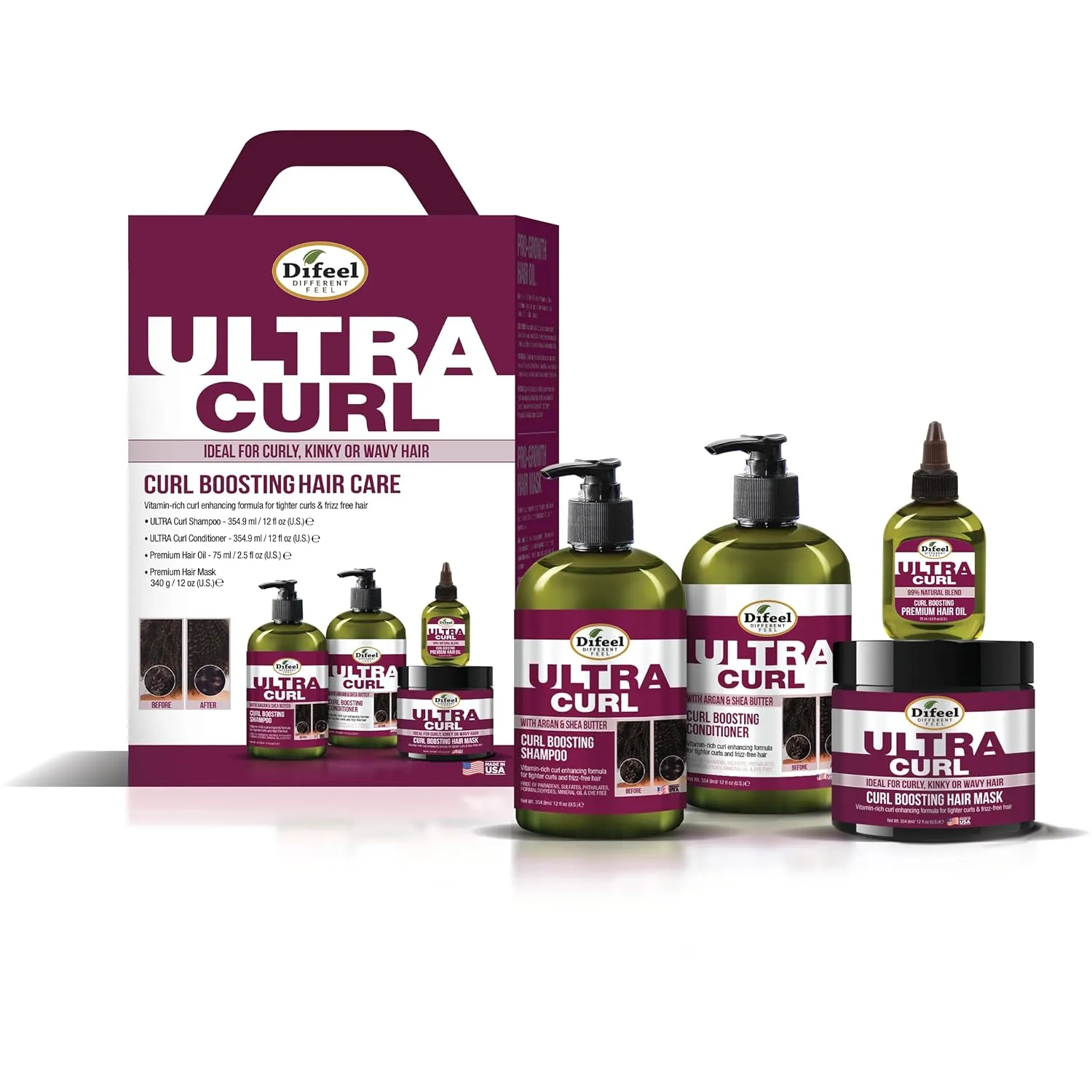 Difeel Ultra Curl 4-PC Hair Care Gift Set: 12oz Curl Enhancing Shampoo, 12oz Conditioner, 12oz Mask & 2.5oz Oil