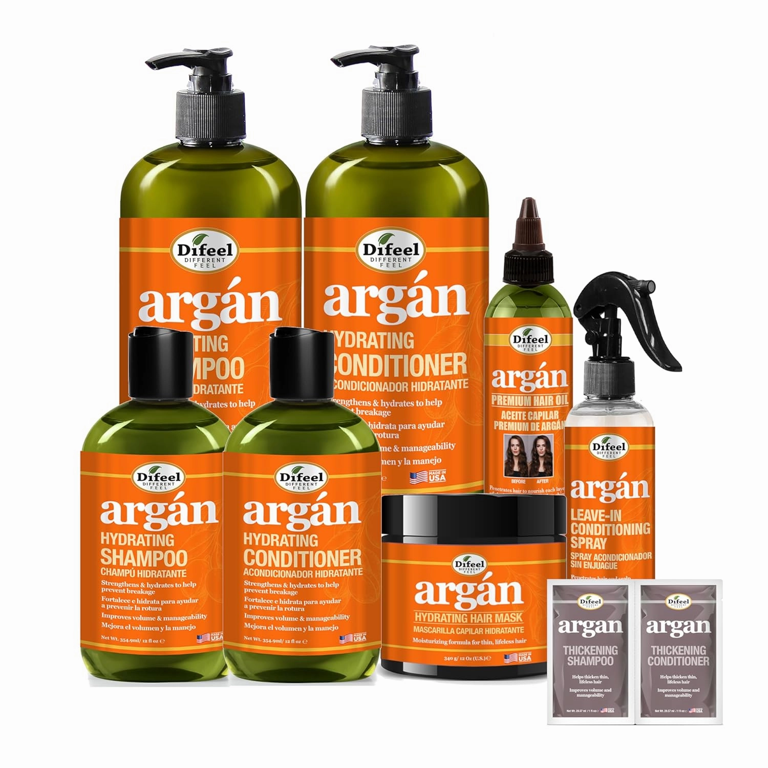 Difeel Argan Hydrating Shampoo & Conditioner Collection - 8 Piece Set, Includes Hair Oil, Mask, Leave in Spray, Travel Size - Sulfate Free, Paraben Free, Phthalate Free, Color Safe