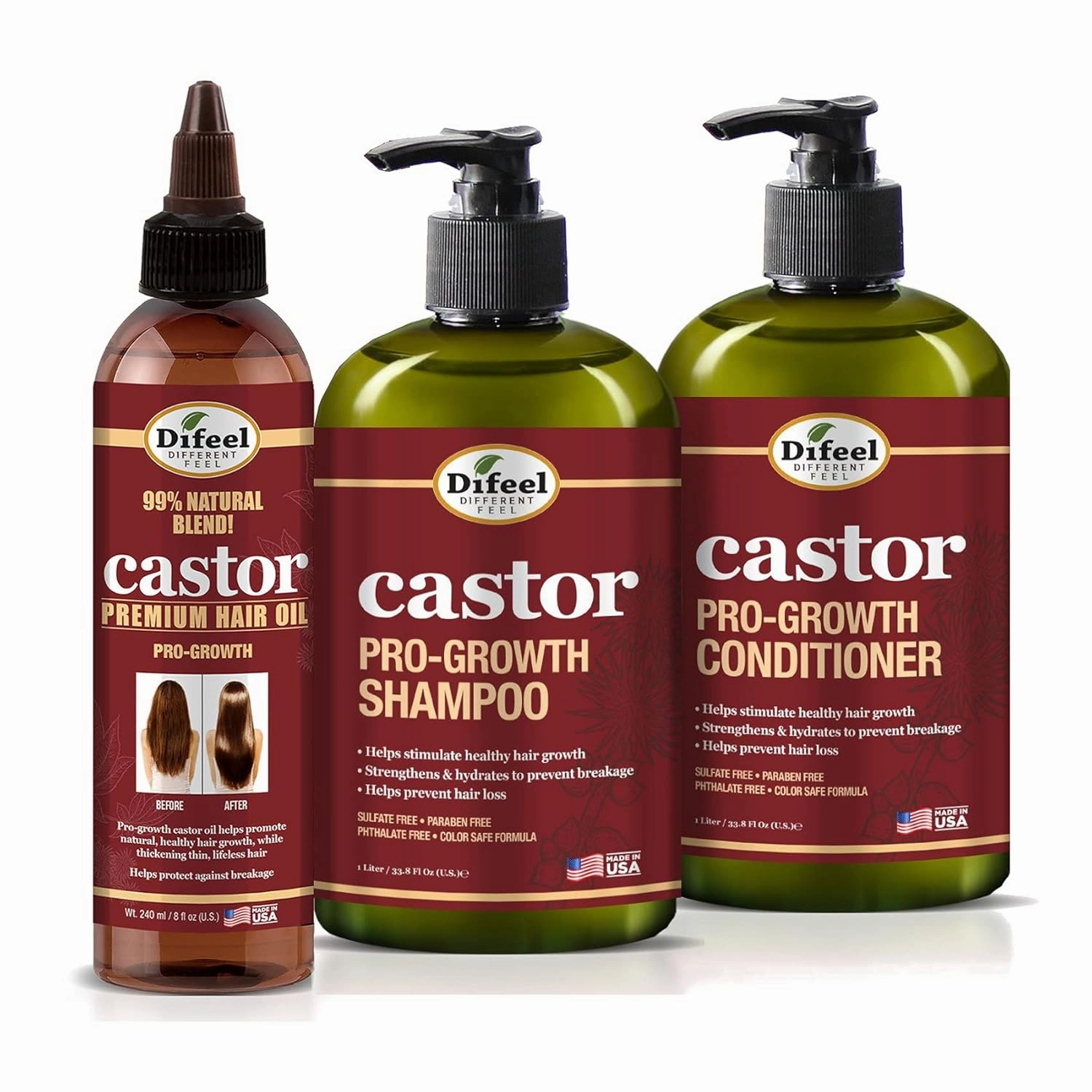 Difeel Pro-Growth Hair Care Set with Castor Oil - 3-PC Style: Shampoo & Conditioner 12oz EACH, & Hair Oil 8oz