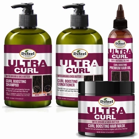 Difeel Ultra Curl Hair Care Set: Enhancing Shampoo (12 oz), Conditioner (12 oz), Mask (12 oz), and Oil (8 oz)